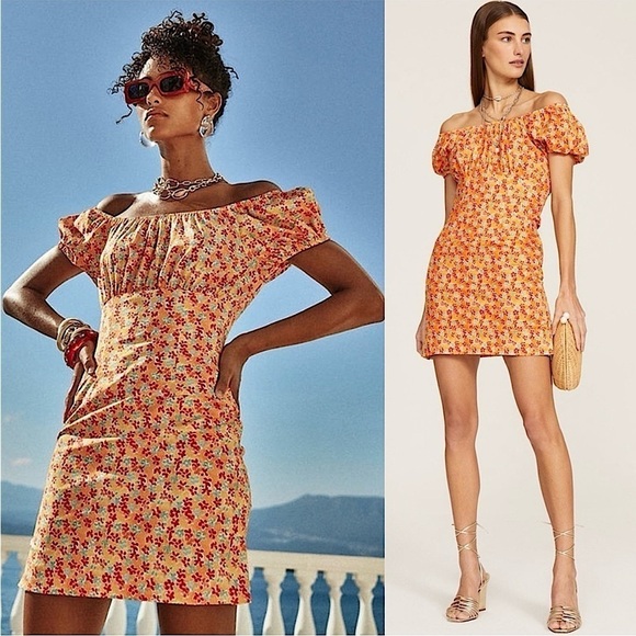 CAROLINE CONSTAS 70s Floral Off Shoulder Puff Short Sleeve Ruched Sheath Dress M - Picture 1 of 10